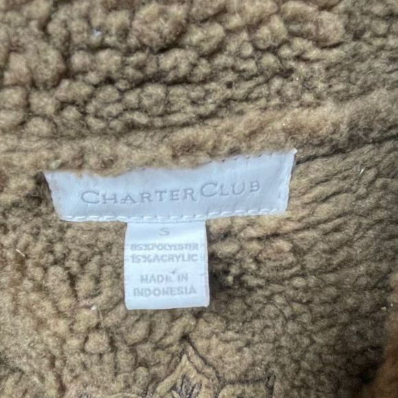 Charter Club Suede Faux Sherpa Full Zip Jacket Womens Small Brown Embroidered - Picture 8 of 10